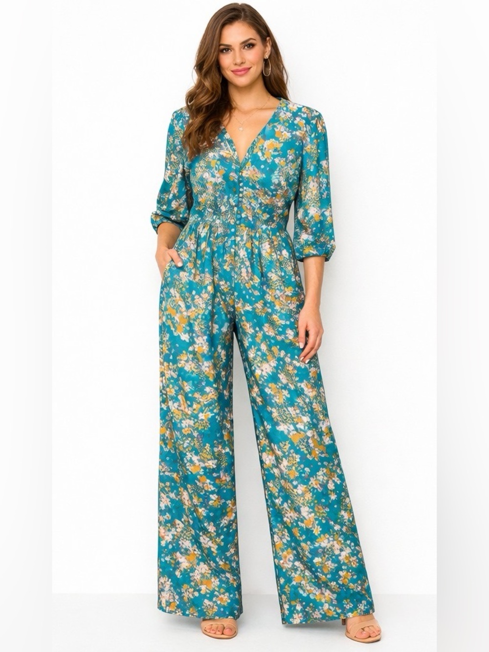 Blue Floral Palazzo Jumpsuit Wide Leg Boho M Anthropologie Kachel